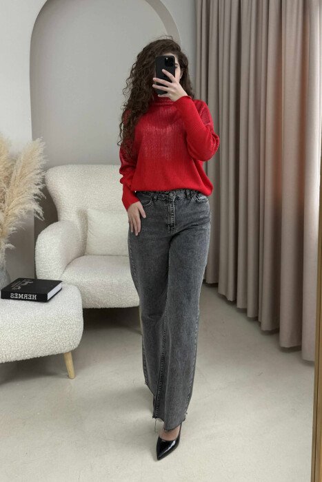 HIGH NECK SHINY MATERIAL WOMEN SWEATER RED/E KUQE - 1