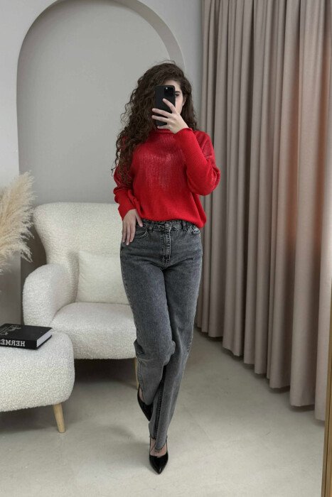 HIGH NECK SHINY MATERIAL WOMEN SWEATER RED/E KUQE - 2