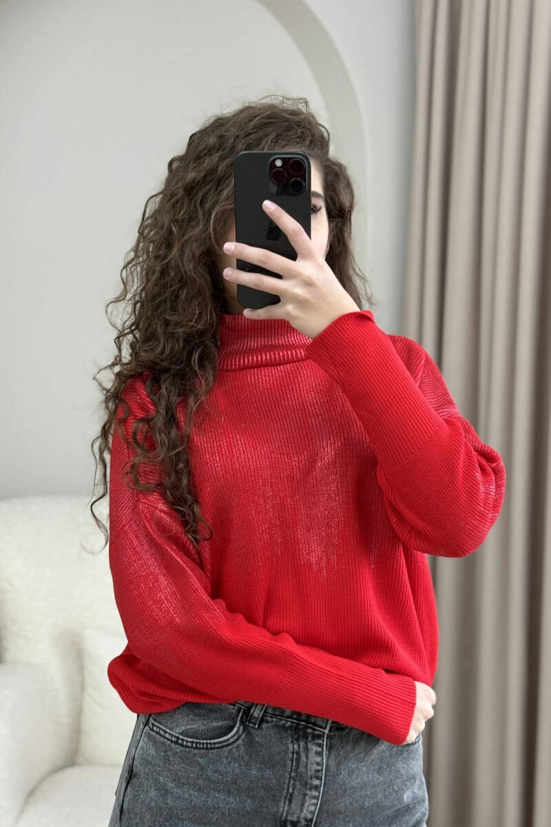 HIGH NECK SHINY MATERIAL WOMEN SWEATER RED/E KUQE - 3