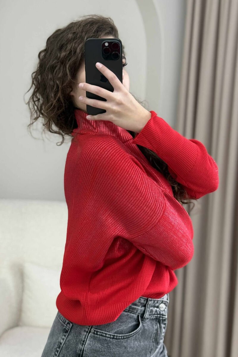 HIGH NECK SHINY MATERIAL WOMEN SWEATER RED/E KUQE - 4