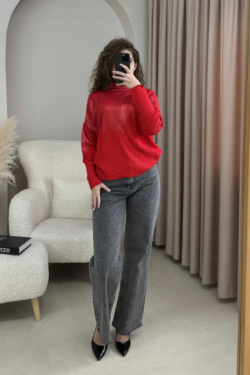 HIGH NECK SHINY MATERIAL WOMEN SWEATER RED/E KUQE - 5