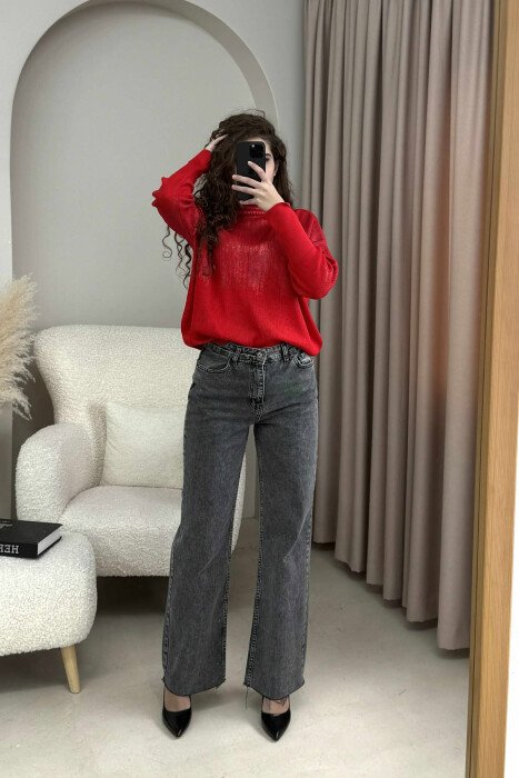 HIGH NECK SHINY MATERIAL WOMEN SWEATER RED/E KUQE - 6