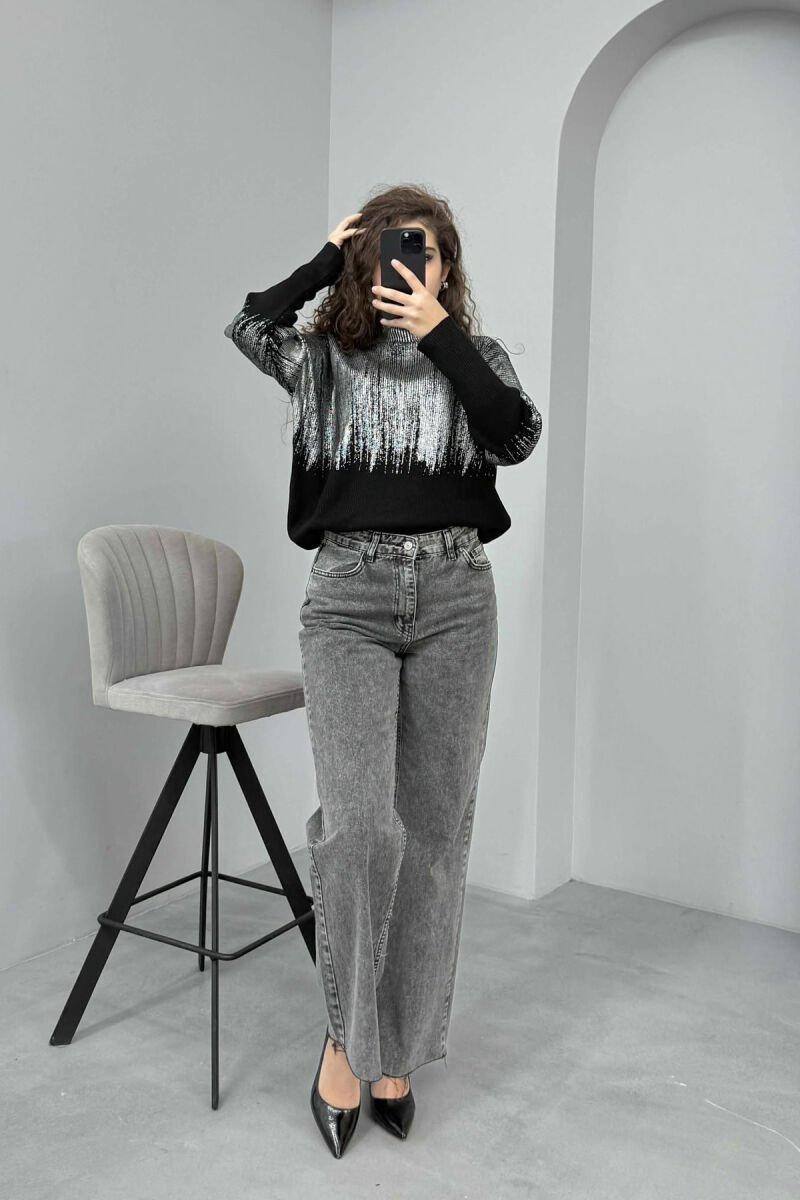 HIGH NECK SHINY MATERIAL WOMEN SWEATER SILVER/ARGJEND - 1