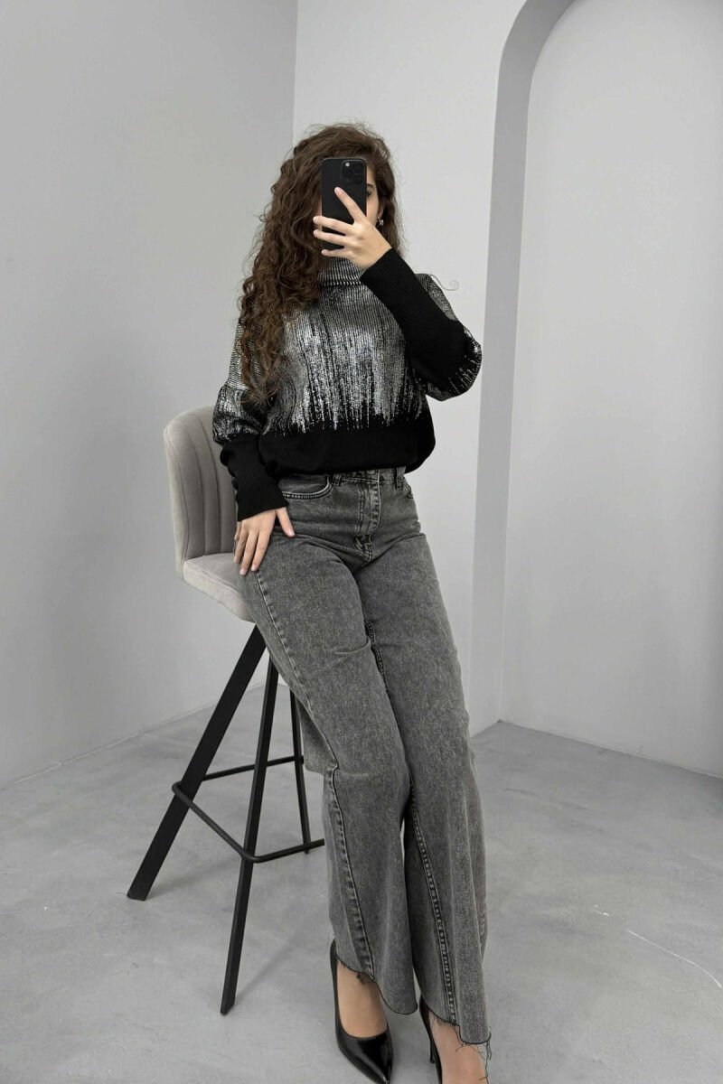 HIGH NECK SHINY MATERIAL WOMEN SWEATER SILVER/ARGJEND - 2
