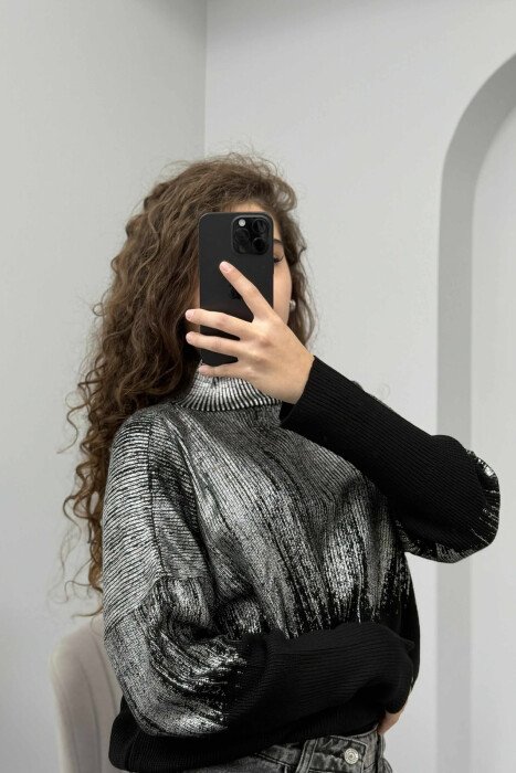 HIGH NECK SHINY MATERIAL WOMEN SWEATER SILVER/ARGJEND - 4