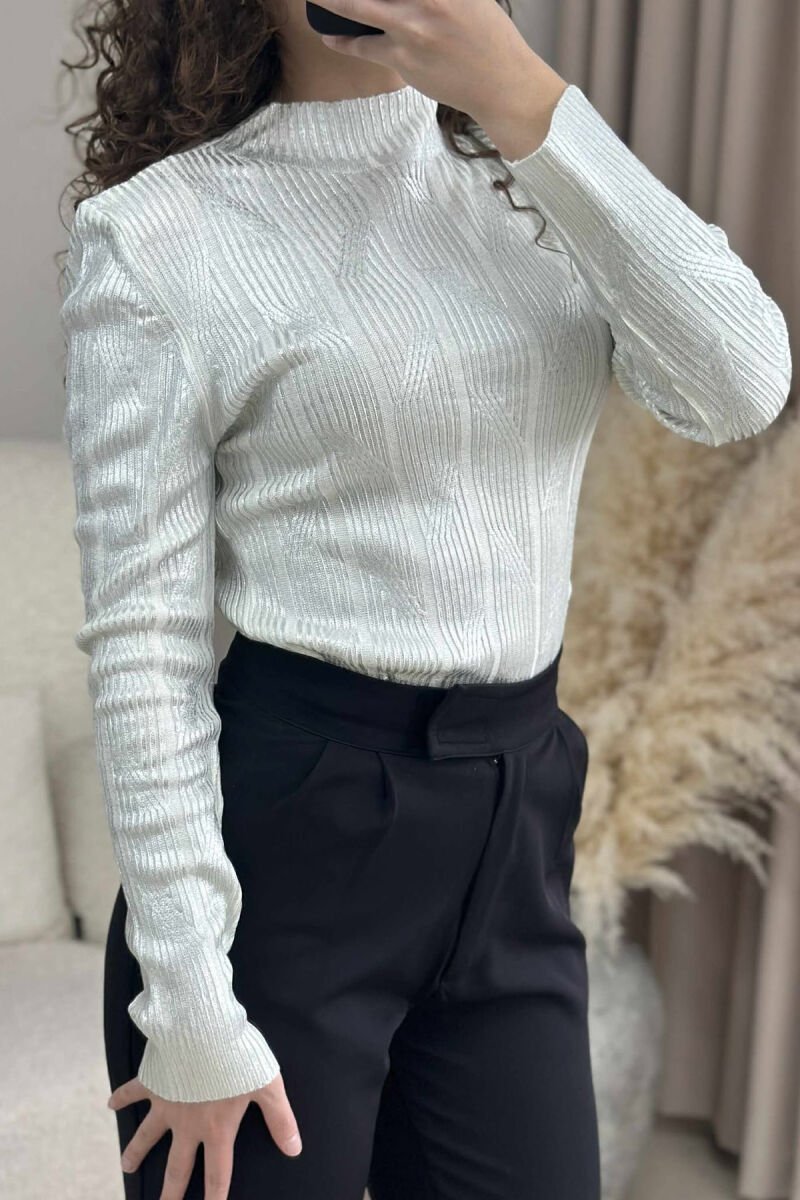 HIGH NECK SHINY MATERIAL WOMEN SWEATER WHITE-E BARDHE - 2