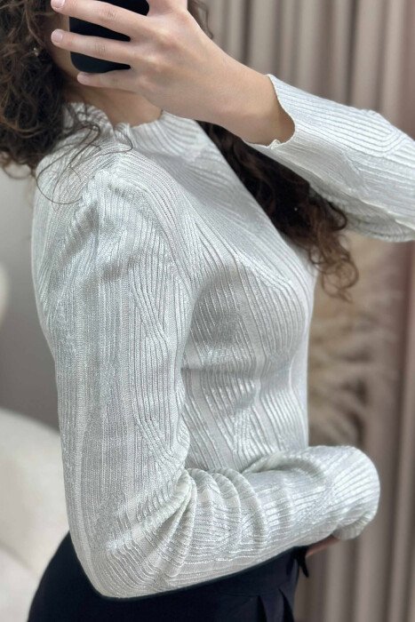 HIGH NECK SHINY MATERIAL WOMEN SWEATER WHITE-E BARDHE - 4