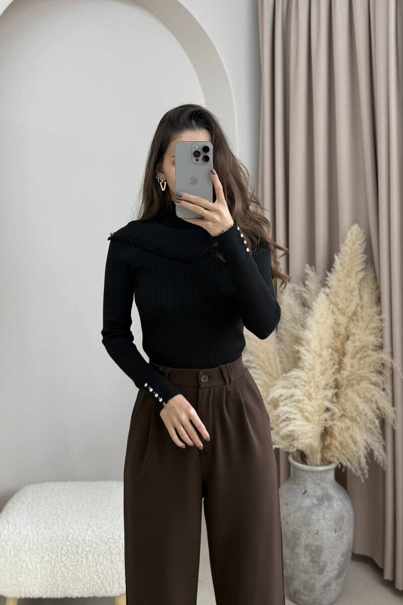 HIGH NECK SHINY STONES DETAIL WOMEN SWEATER BLACK/ E ZEZE - 2