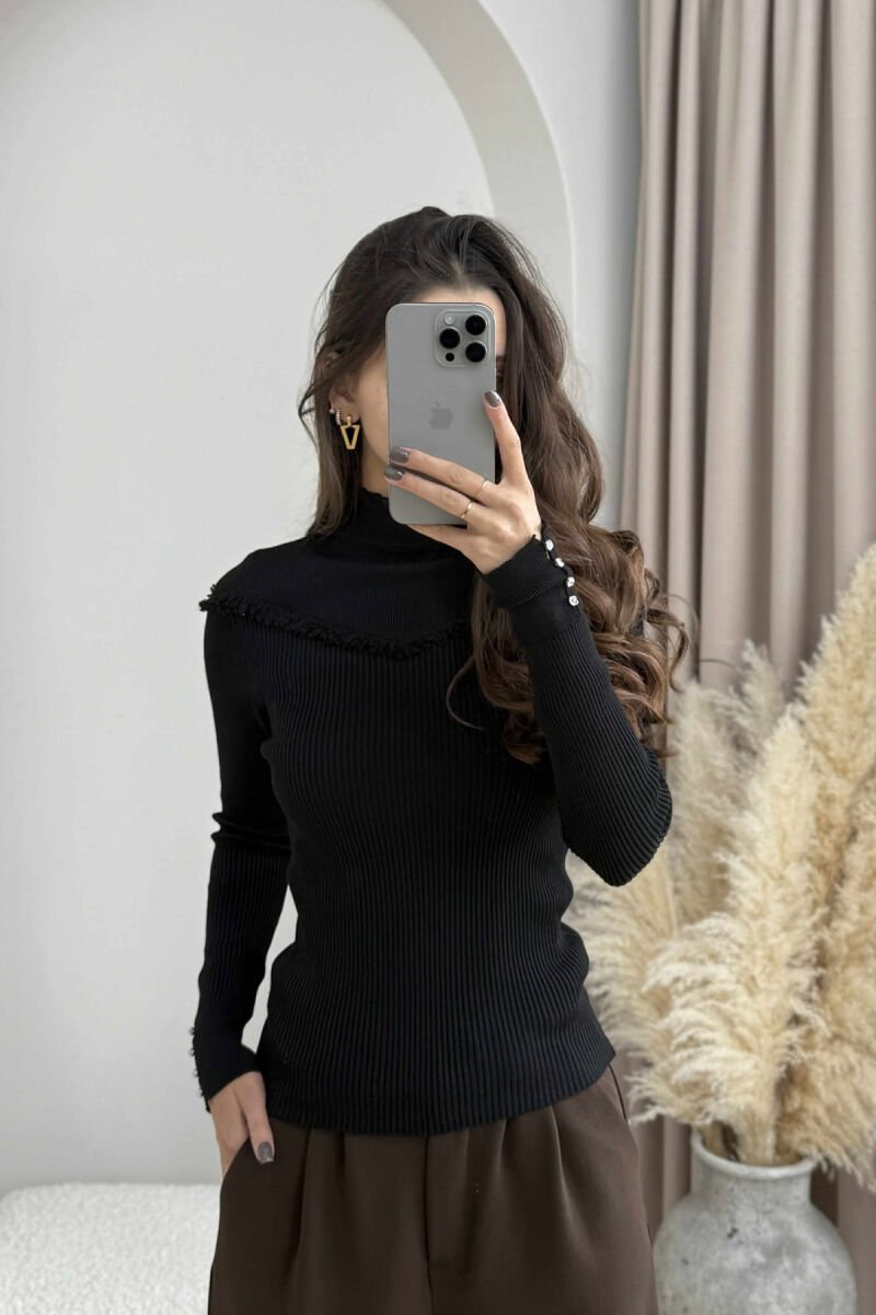 HIGH NECK SHINY STONES DETAIL WOMEN SWEATER BLACK/ E ZEZE - 3