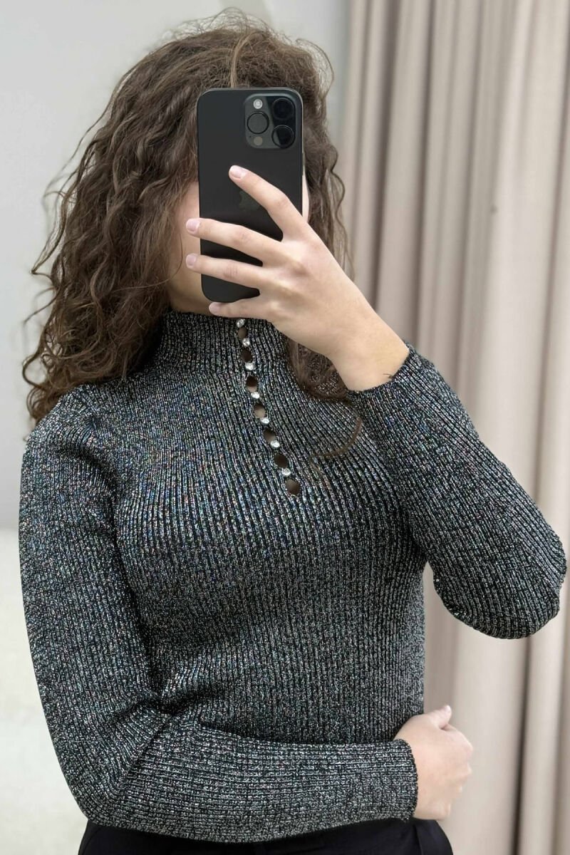 HIGH NECK SHINY STONES DETAIL WOMEN SWEATER BLACK/ E ZEZE - 2