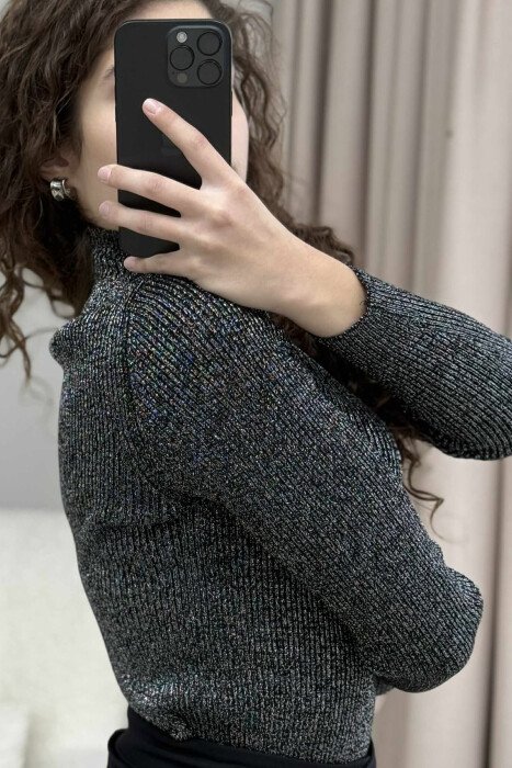 HIGH NECK SHINY STONES DETAIL WOMEN SWEATER BLACK/ E ZEZE - 3