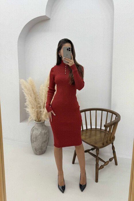 HIGH NECK SHINY STONES WOMEN DRESS RED/E KUQE 