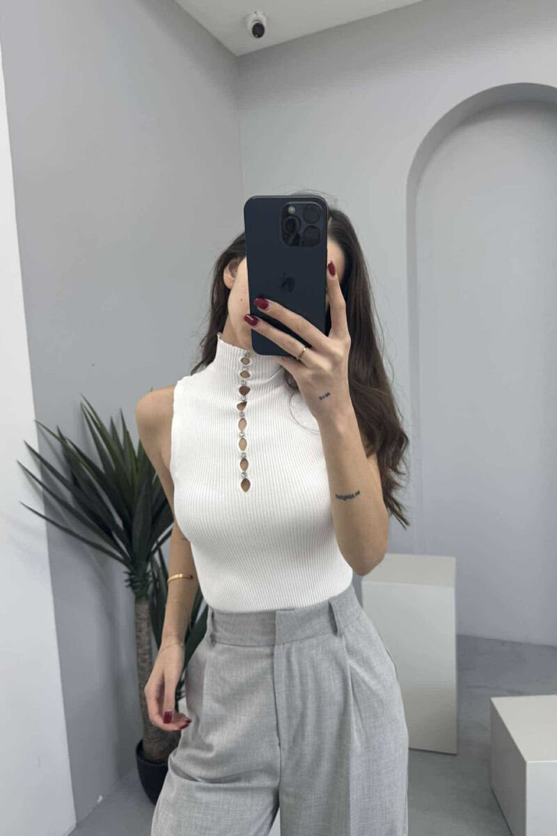 HIGH NECK SHINY STONES WOMEN TANK TOP WHITE-E BARDHE - 1