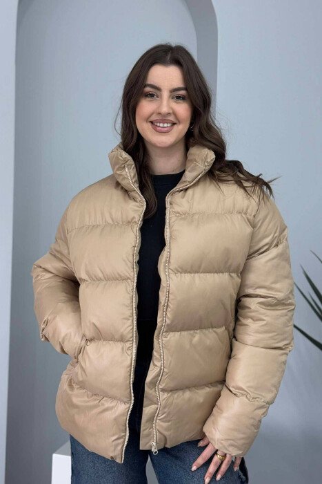 HIGH NECK SIMPLE WOMEN PUFFER JACKET BEIGE/BEZHE 