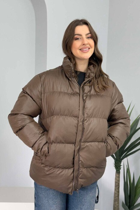 HIGH NECK SIMPLE WOMEN PUFFER JACKET BROWN/KAFE - 4