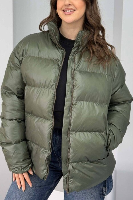 HIGH NECK SIMPLE WOMEN PUFFER JACKET GREEN/JESHILE - 2