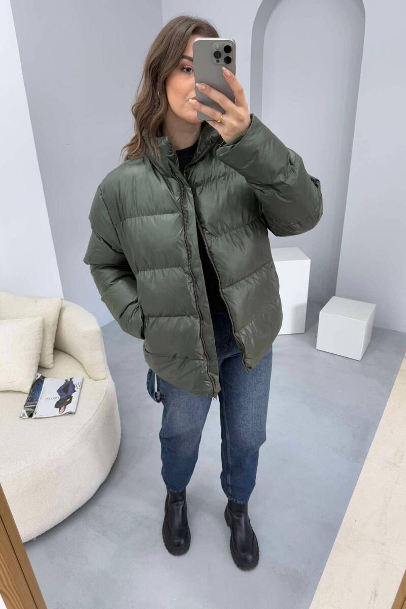 HIGH NECK SIMPLE WOMEN PUFFER JACKET GREEN/JESHILE - 3