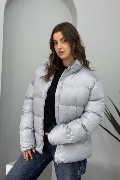 HIGH NECK SIMPLE WOMEN PUFFER JACKET LIGHT GREY/GZ - 2