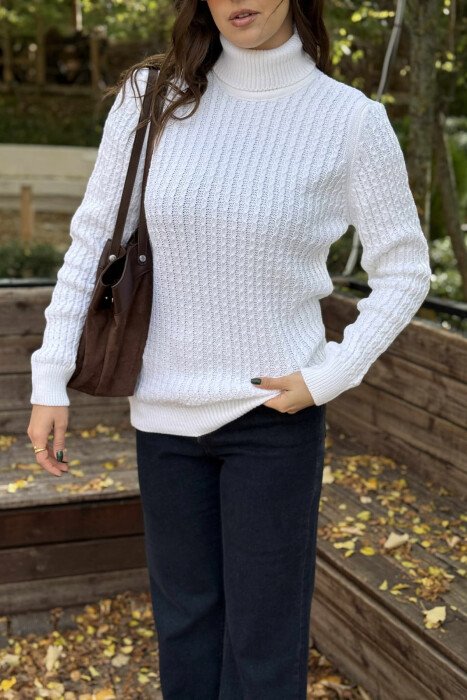 HIGH NECK SIMPLE ONE COLOR WOMEN SWEATER WHITE-E BARDHE - 3