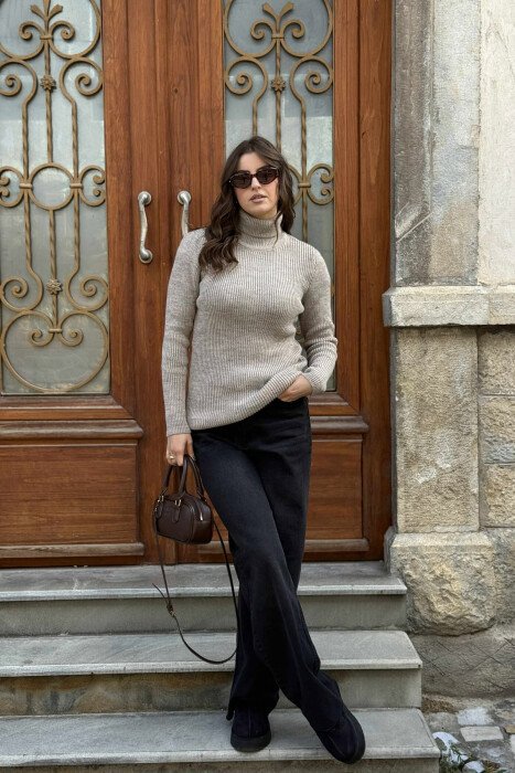 HIGH NECK SIMPLE ONE COLOR WOMEN SWEATER BEIGE/BEZHE - 4