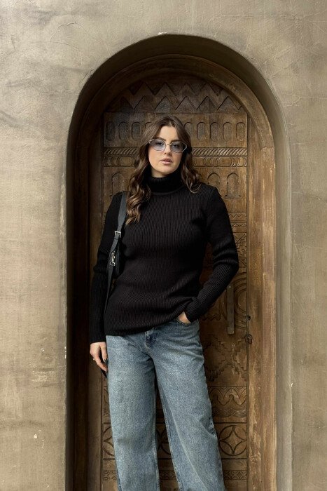 HIGH NECK SIMPLE ONE COLOR WOMEN SWEATER BLACK/ E ZEZE - KLAUDIO FASHION