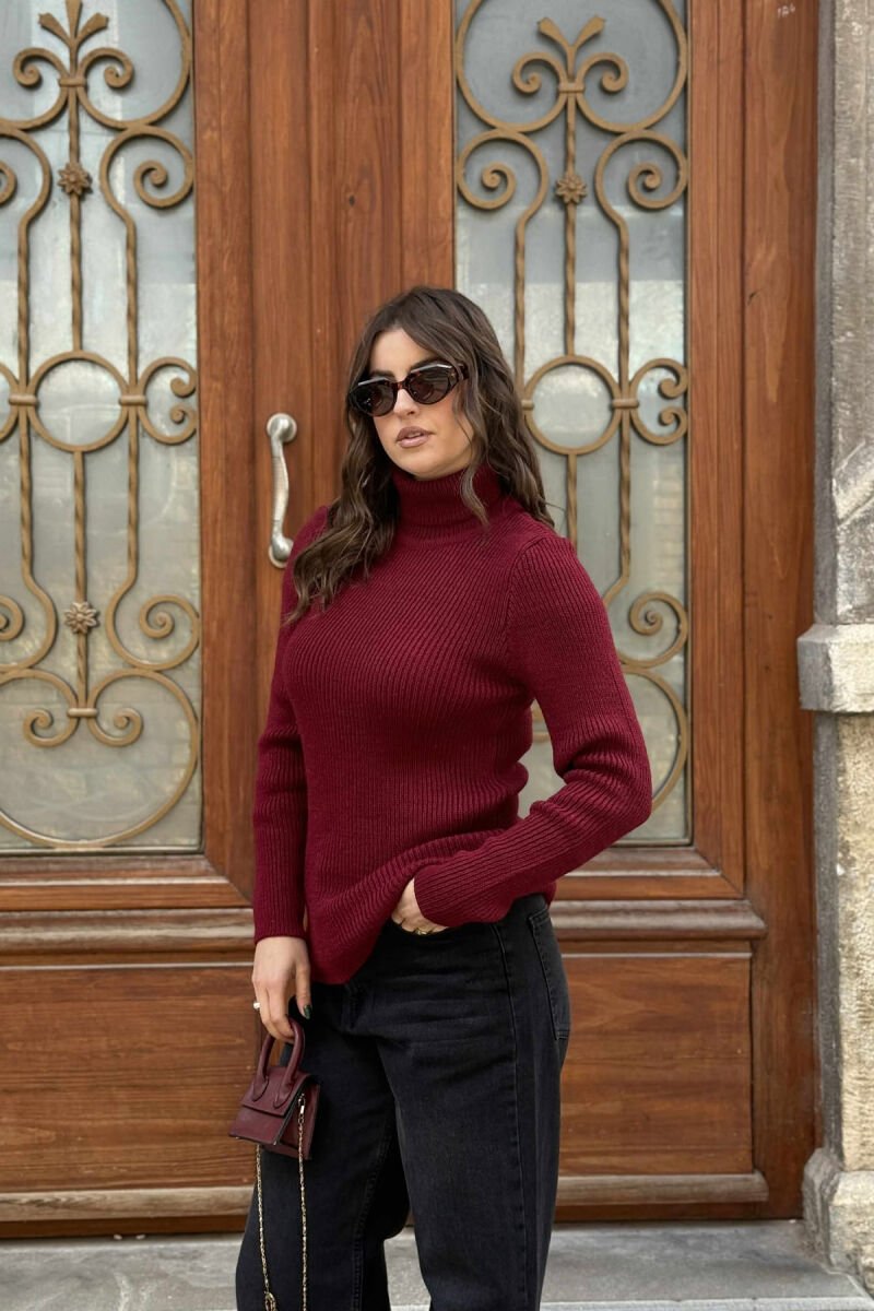 HIGH NECK SIMPLE ONE COLOR WOMEN SWEATER BURGUNDY/VISHNJE - 5