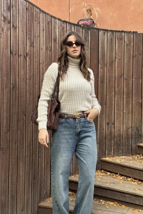 HIGH NECK SIMPLE ONE COLOR WOMEN SWEATER BEIGE/BEZHE - KLAUDIO FASHION