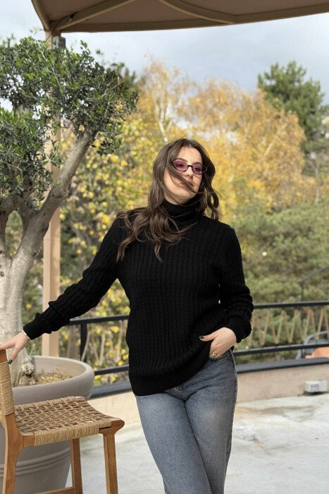 HIGH NECK SIMPLE ONE COLOR WOMEN SWEATER BLACK/ E ZEZE - KLAUDIO FASHION