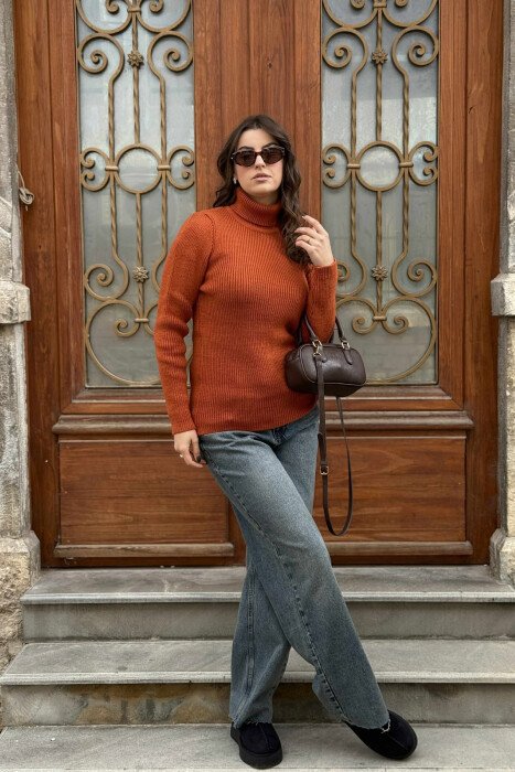 HIGH NECK SIMPLE ONE COLOR WOMEN SWEATER BRICK/TULLE - 1