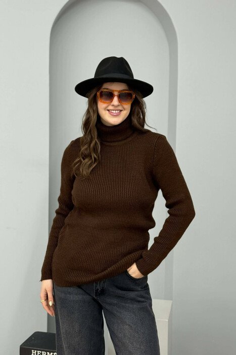 HIGH NECK SIMPLE ONE COLOR WOMEN SWEATER BROWN/KAFE 