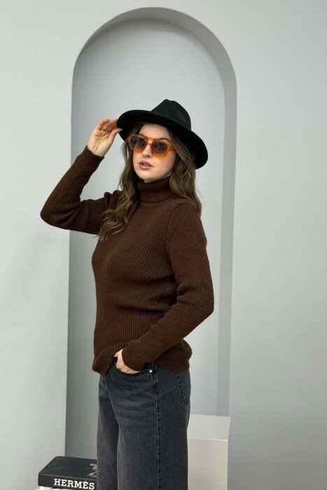 HIGH NECK SIMPLE ONE COLOR WOMEN SWEATER BROWN/KAFE - 4
