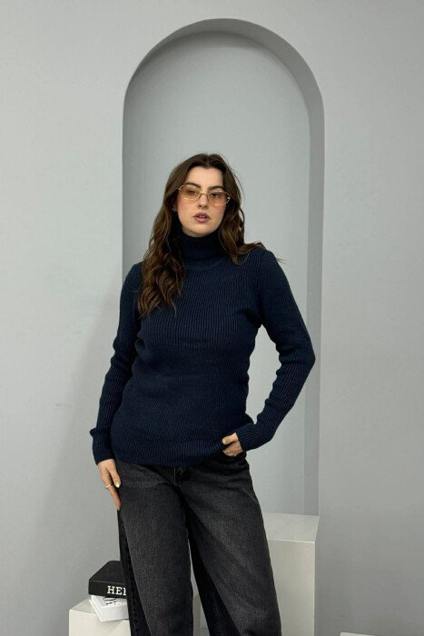 HIGH NECK SIMPLE ONE COLOR WOMEN SWEATER DARK BLUE/BEE - 4
