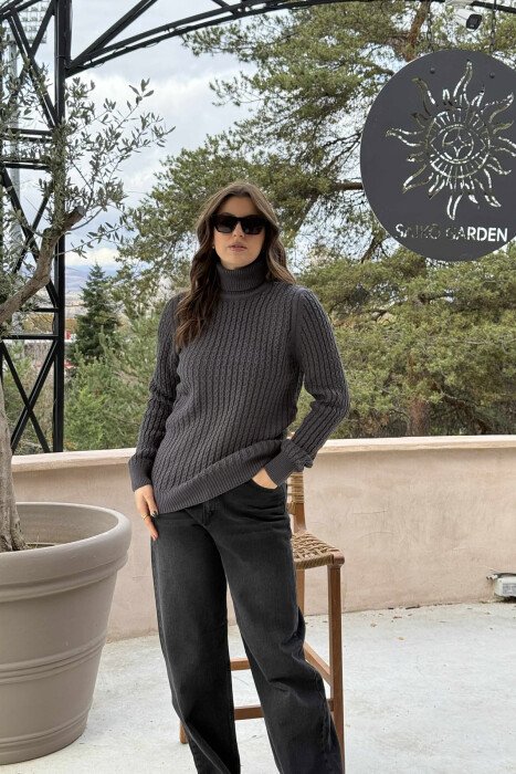 HIGH NECK SIMPLE ONE COLOR WOMEN SWEATER DARK GREY/GEE - 1