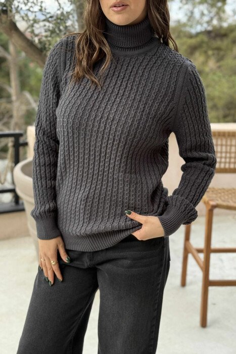 HIGH NECK SIMPLE ONE COLOR WOMEN SWEATER DARK GREY/GEE - 3
