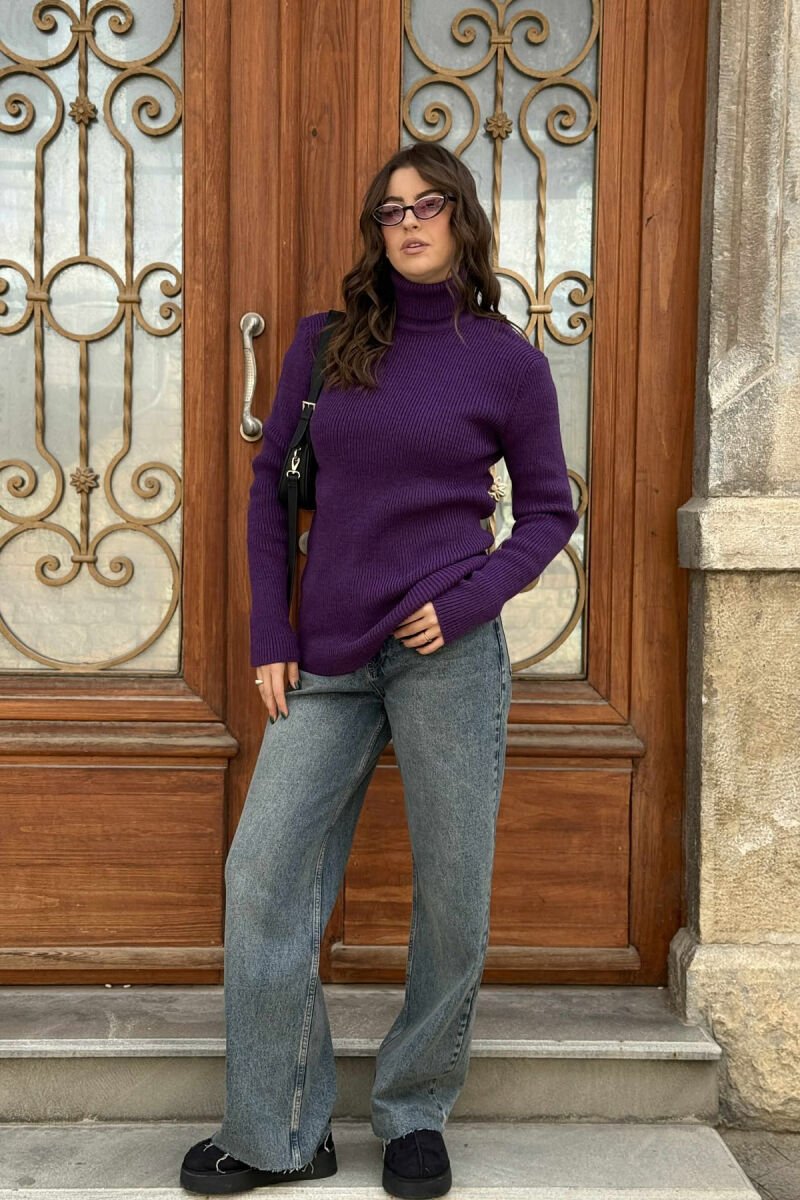 HIGH NECK SIMPLE ONE COLOR WOMEN SWEATER PURPLE/LEJLA - 1