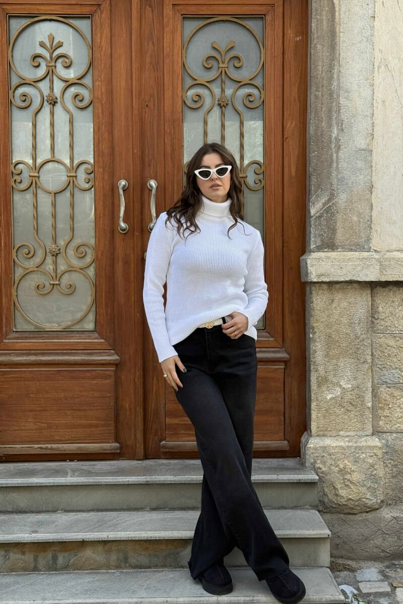 HIGH NECK SIMPLE ONE COLOR WOMEN SWEATER WHITE-E BARDHE - 1