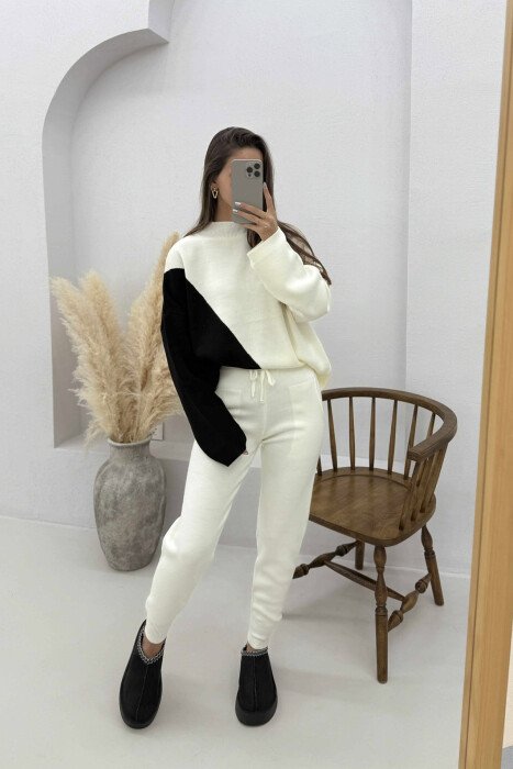 SEMI NECK SWEATER+TROUSERS KNIT WOMEN SET BLACK-WHITE/ZEBA - 