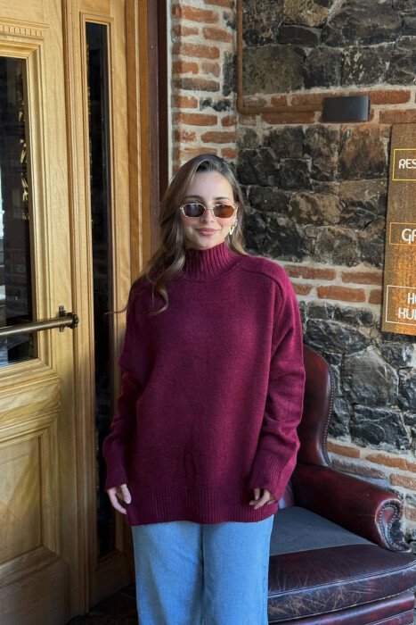 HIGH NECK SIMPLE WOMEN SWEATER BURGUNDY/VISHNJE - 2