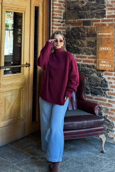 HIGH NECK SIMPLE WOMEN SWEATER BURGUNDY/VISHNJE - 3