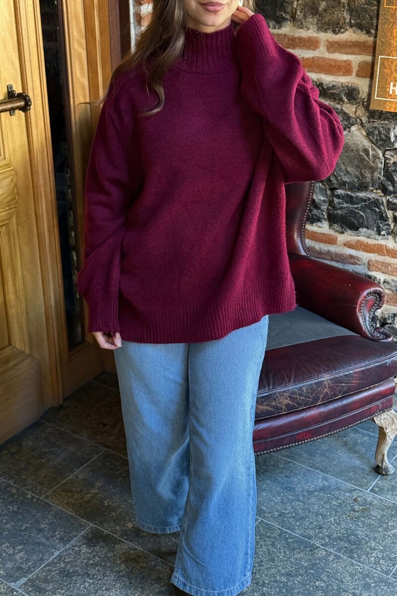 HIGH NECK SIMPLE WOMEN SWEATER BURGUNDY/VISHNJE - 5