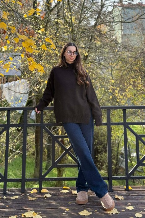 HIGH NECK SIMPLE WOMEN SWEATER CHOCOLATE/COKOLLATE - 2