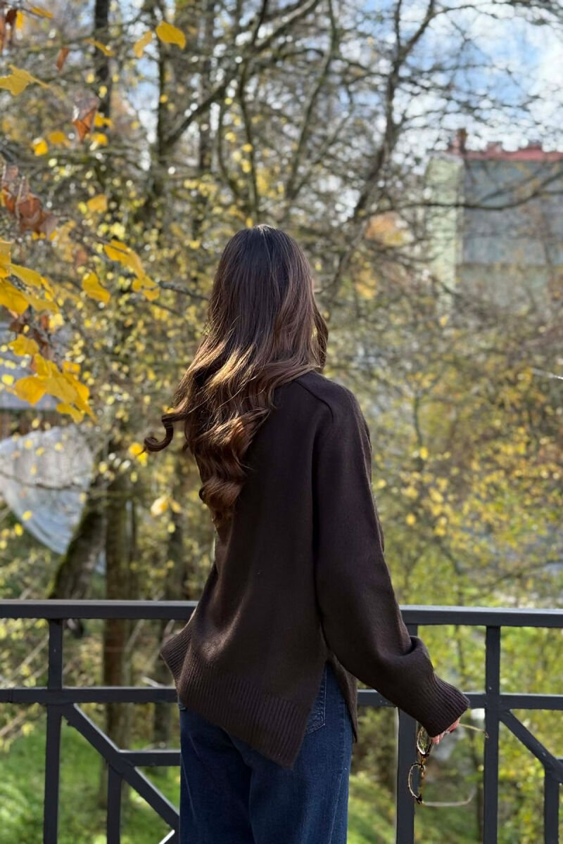 HIGH NECK SIMPLE WOMEN SWEATER CHOCOLATE/COKOLLATE - 4