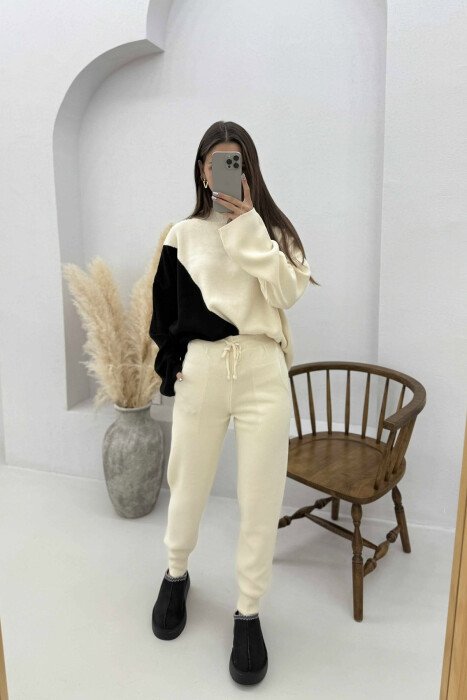 SEMI NECK SWEATER+TROUSERS KNIT WOMEN SET CREAM+BLACK/KREM+ZEZE - 