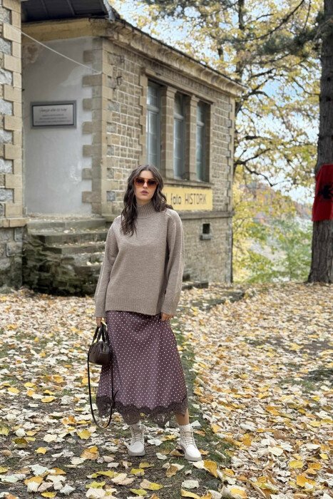 HIGH NECK SIMPLE WOMEN SWEATER DARK BEIGE/BEZHE ERRET - 3