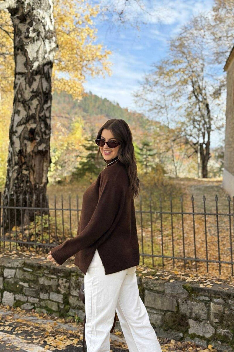 HIGH NECK SIMPLE WOMEN SWEATER DARK BROWN/KAE - 3