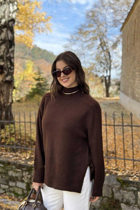HIGH NECK SIMPLE WOMEN SWEATER DARK BROWN/KAE - 4