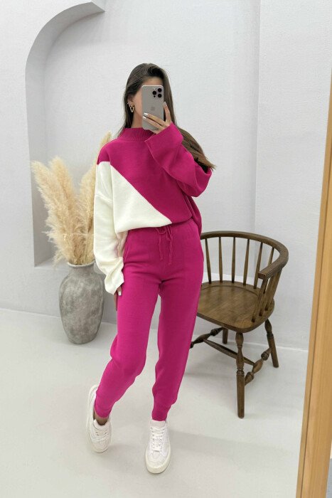 SEMI NECK SWEATER+TROUSERS KNIT WOMEN SET FUCHSIA-WHITE/CIK-BA - 