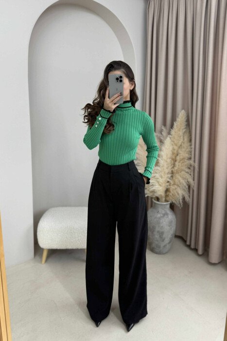 HIGH NECK SIMPLE WOMEN SWEATER GREEN/JESHILE - 1