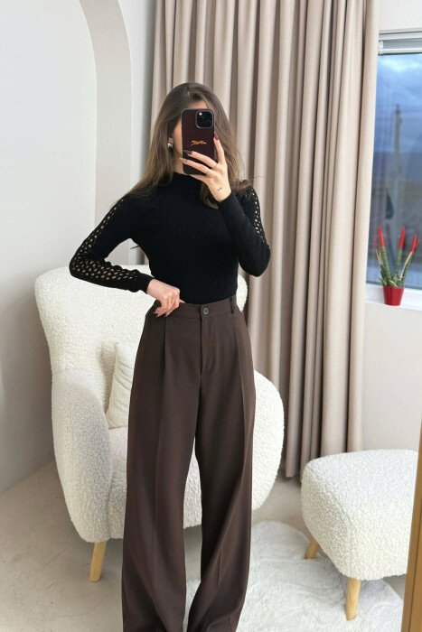 HIGH NECK SLEEVE DETAILS ONE COLOR WOMEN SWEATER BLACK/ E ZEZE - 1