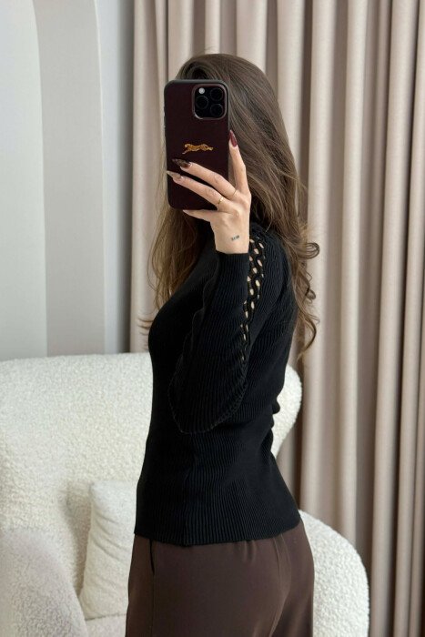 HIGH NECK SLEEVE DETAILS ONE COLOR WOMEN SWEATER BLACK/ E ZEZE - 3
